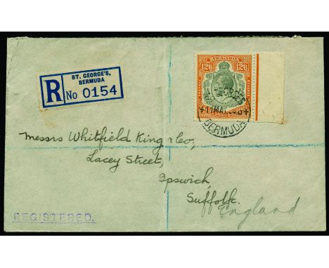 1935 May 11 registered cover St Georges to England, franked with right hand marginal 1924-32 12s6d grey and orange (with part
