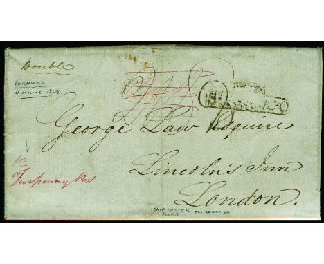 1828 March 4 entire letter to London, with m/s "Double" at top left, rated "2s" which is crossed out in red with a hand struc