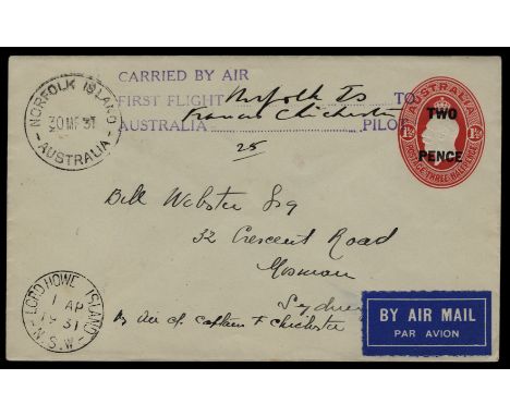 1931 March 30, First Flight to Lord Howe Island by Francis Chichester, Australia 2d on 1½d red postal stationery envelope wit