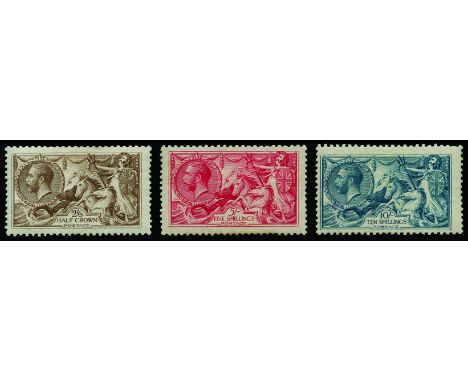 1918-19 Bradbury Wilkinson Seahorses 2s 6d chocolate-brown, 5s rose-red and 10s dull grey-blue (SG 414, 416/7), 5s rose-red p