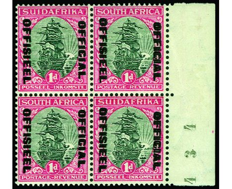 Officials: 1930-47 Overprint type O2, 1d black and carmine (II), right marginal block of 4 with error, overprint double (SG O