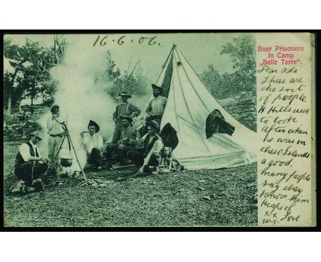 Two similar illustrated post cards showing "Boer Prisoners in Camp Belle Terre" addressed (post war) to Pourcieux (France) an