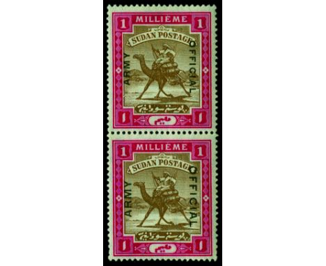 Army Service Stamps: 1905 "Arab Postman" 1m brown and carmine horizontal pair with both A1 and A2 overprints (SG A1c) top sta
