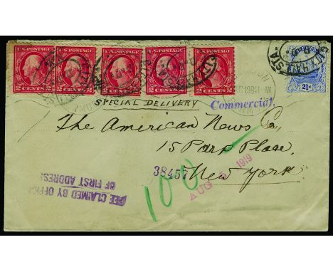 Combination Mail: 1919 August 1 envelope addressed to the USA, endorsed "SPECIAL DELIVERY" and franked with 1910-25 2½d"Ship"