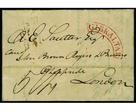 1811 June, Entire letter to London, bearing very fine framed "GIBRALTAR" arc in red, rated 5/4 in manuscript, reverse bears f