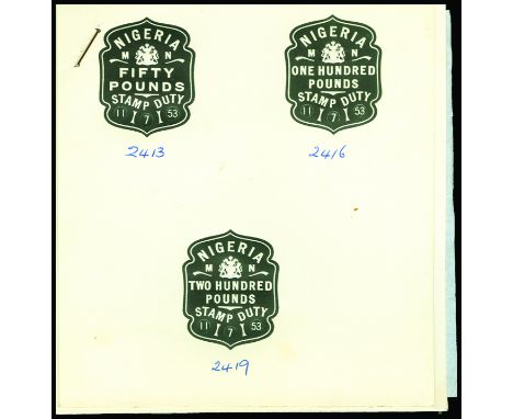 Revenue Stamps: Stamp Duty: Group of forty-six embossed black and white proof impressions on thick white paper, values from 2