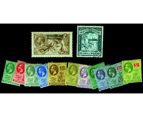 Small selection on stockcards comprising Bechuanaland 1913-24 Bradbury Wilkinson 2s6d (SG 88) large part o.g., Malta 1899-190