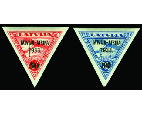 1933 Air Charity, Riga-Bathurst Flight 10s green to 100s on 25s blue (SG 235/9) u/m, all signed 'AD' (Alberto Diena), fresh a