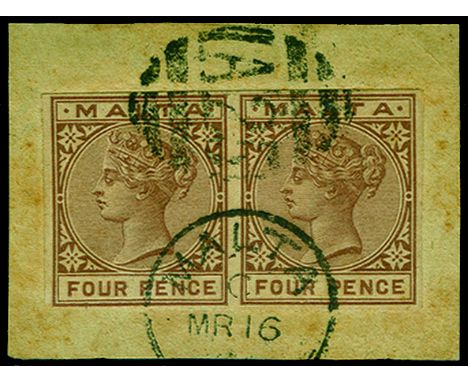 1885-90 4d brown imperforate horizontal pair (SG 27a) tied to small piece by "A25" and "MALTA" cds dated MR 16, the stamps ro