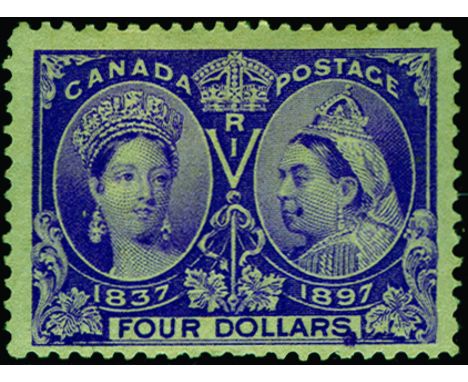 1897 Jubilee $4 violet (SG 139) centred low, odd shortish perf and small patch of (printers) violet ink in value tablet, very