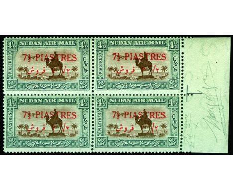 1935 Air 7½p on 4½p red-brown and grey, trial surcharge in red (as SG 72), right marginal block of 4 with 'T' guide mark, fin