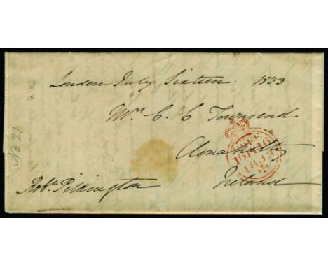 1833 June 17 entire letter to Clonakilty in Ireland, with crown FREE h/s dated 16 JY 1833 in red on the front and m/s 'Rob Pi