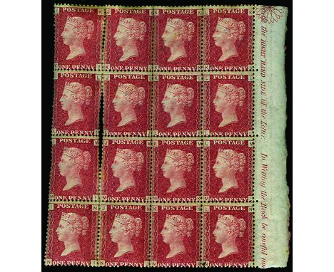 1864-79 1d rose-red plate 152 (SG 43), right marginal block of 16 (4x4) with part marginal ornament and inscription "...wards