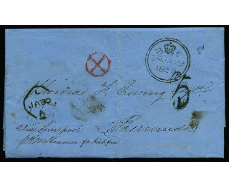 1857 December 4 and 1858 January 29 similar stampless entires to "Thomas Ewing, Bermuda" rated "5d" with large black h/s and 