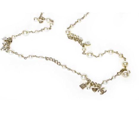 Chanel, a Faux Pearl and Chain Link Charm Necklace, the chain interspersed with faux pearls and three fobs including the cros