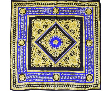 Atelier Versace Silk Scarf in blue, black and gilt coloured stylish Baroque style, within a black border, 88cm squareCartier 