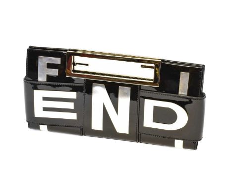 Fendi Black Patent Leather 'Crossword' Clutch Bag with silver coated letters, a silver-tone hardware and handle, Fendi engrav