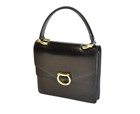 Celine Black Leather Handbag Circa 1990, with gilt-tone hardware, hinged clasp impressed 'Celine', twin flaps enclosing two r