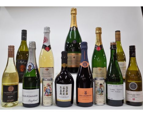 11 BOTTLES AND TWO CANS ENGLISH WHITE AND SPARKLING WINEHalfpenny Green Bacchus; Louis Pommery Brut; Prince Charmat Brut; Bus