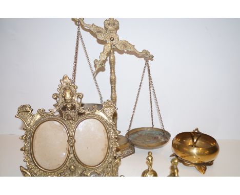 Brass scales, picture frame and others