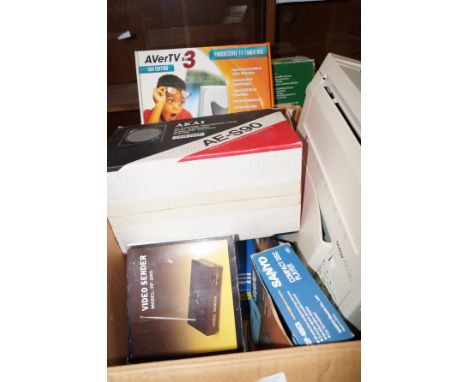 Various electrical equipment to include TV tuner box, Akai surround speaker