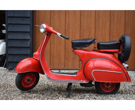 A 1965 Vespa 150, registration number DEY 508C, frame number VBB2T 238331, engine number VBB2M231666, red.  Immortalised in t