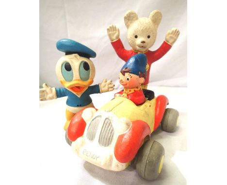 Three 'Bendy' rubber toys; Noddy in car, Duck and Rupert The Bear marked 1969 Beaverbrook Newspapers. P&amp;P Group 2 (£18+VA