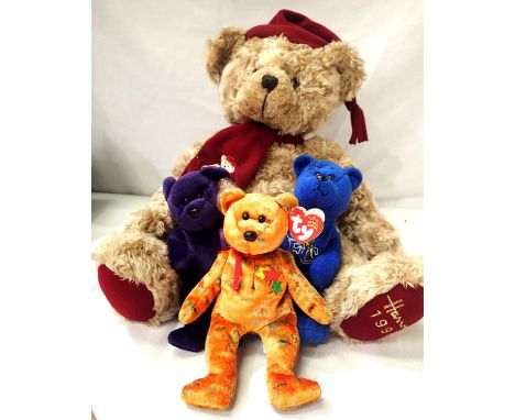 Harrods 1999 Christmas teddy bear and three TY-beanies. P&amp;P Group 3 (£25+VAT for the first lot and £5+VAT for subsequent 