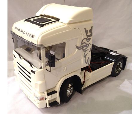 Tamiya 1:14 scale Big Truck, Scania, with fitted motor, servos, decals fitted etc. Requires radio control and battery etc. P&