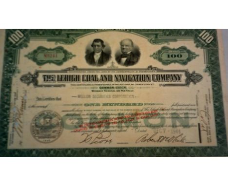 Shares + Bonds The Lehigh Coal and Navigation Company - Philadelphia share certificate for 100 shares central Portrait vignet