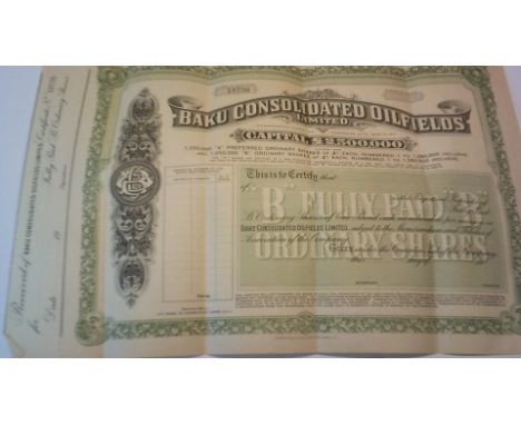 Shares + Bonds- Baku Consolidated Oilfields Limited 1908-17 Capital £2,500,000 share certificate unissued, printed by Waterlo