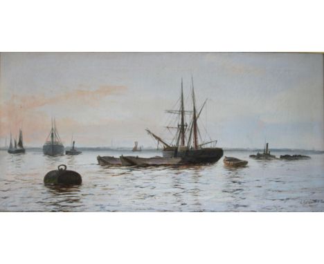 EDWIN HENRY EUGENE FLETCHER (1857-1945) BOATS ON AN ESTUARY Signed, oil on canvas 30 x 60cm. ++ Generally good condition; a l