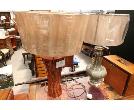 A contemporary ceramic crackle glaze lamp base with shade, height 80cm, together with a contemporary lacquer lamp base with s