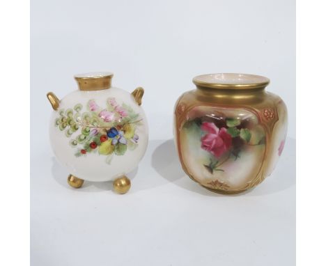 A Royal Worcester blush ivory vase, handpainted with roses, together with a twin handled vase on ball feet, printed marks, 8.