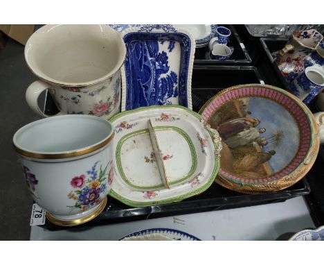 A collection of ceramics to include Prattware bread plate, divided serving dish, jardiniere etc (1 tray)