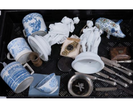 A collection of ceramics including a pair of Parian figural lamp bases, Staffordshire blue and white, together with silver ha