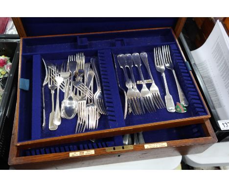 A pair canteen of silver plated flatware , fiddle pattern and Old English pattern, including forks and spoons, in oak case.