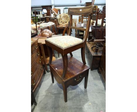 A George III mahogany crossbanded commode, with side brass handles, width 54cm, and a single Regency dining chair (2)