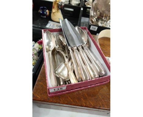 A collection of French silver plated flatware including Christofle spoons and forks, together with knives, fiddle and thread 