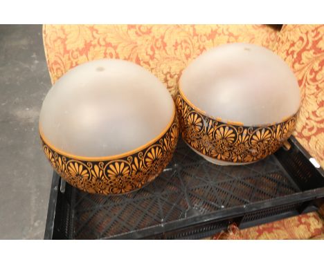 A pair of frosted glass globe lightshades, with Etruscan frieze, height 30cm (2)