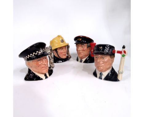 A set of four Royal Doulton small character jugs, 'Journey through Britain,' comprising Fireman, Postman, Policeman and Engin