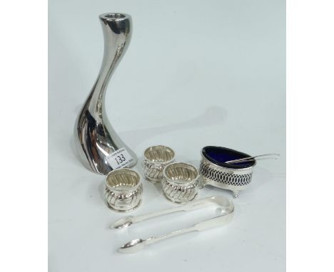 A Collection of silver including three napkin rings, sugar tongs, Scottish silver salt spoons and salt cellar; together with 