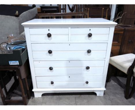 A Victorian painted pine chest of two short over three long drawers, James Shoolbred, aesthetic style on bracket feet, maker'