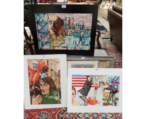 Three mixed media American Pop Art paintings, circa 1980s, all mounted, together with a nude watercolour signed Mul and a rac