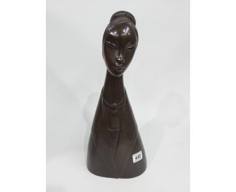 A carved wooden bust portrait, stylised form, African lady, impressed marks to base, 