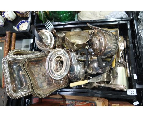 A Collection of silver plated wears, including tea sets, with kettle on stand, various flatware entree dishes, etc