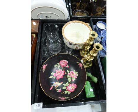 A pair of glass rinsers, a pair of brass candlesticks, chamber pot, bowl and jade type figures (1 tray)