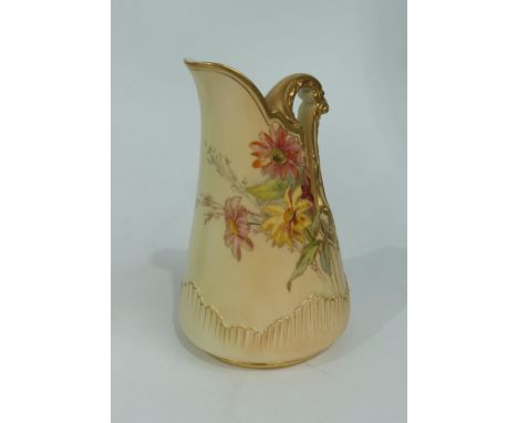 A Royal Worcester blush ivory ewer, circa 1880, shape No. 1546, decorated with dahlias, heightened with gilt.