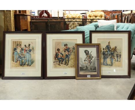 A selection of four military prints, three by H.A. Ogden depicting US Continental Army uniforms and one caricature Punishment