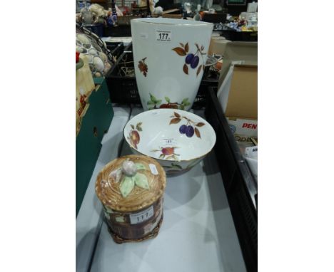 A Royal Worcester Evesham Gold vase and bowl, together with a French majolica pot and cover  (3)